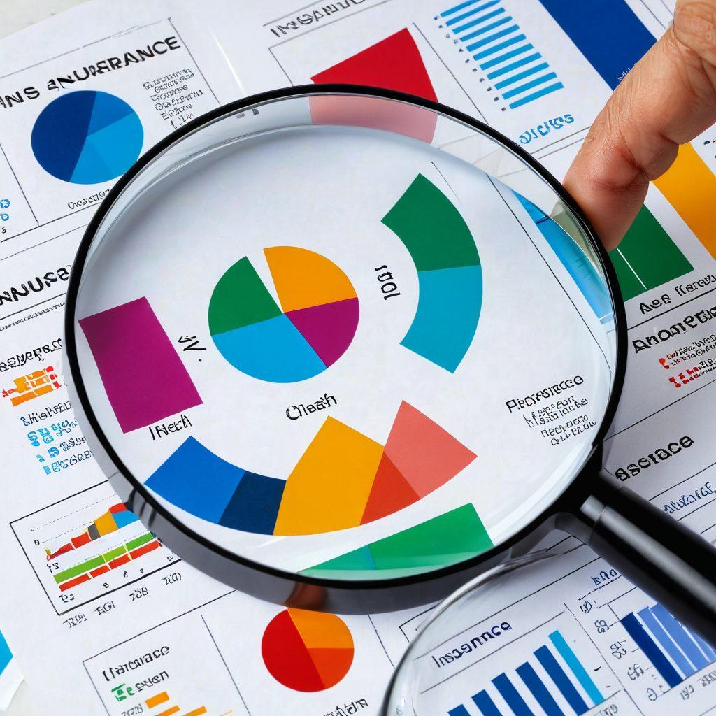 A magnifying glass focusing on various insurance quotes displayed as colorful charts and numbers, with a person thoughtfully considering their options beside them. In the background, symbols of different insurance types like health, auto, and home insurance can be subtly integrated. The overall scene evokes a sense of clarity and financial savvy. super-realistic. vibrant colors. white background.