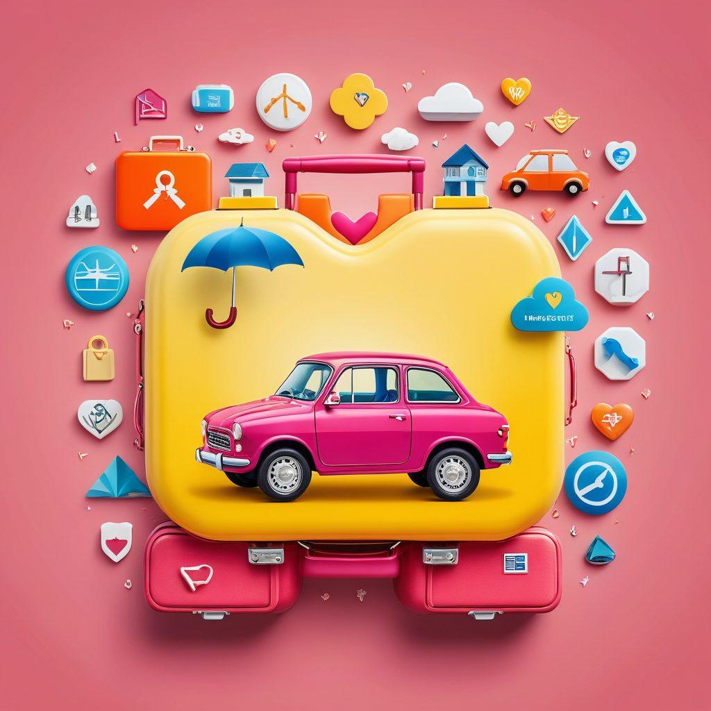 A visually engaging collage showcasing various insurance types: a heart symbol for health insurance, a suitcase for travel coverage, a car highlighting auto insurance, and a home representing homeowners insurance. Each icon is vibrantly colored and interconnected with arrows illustrating protection and security. The background is a soft gradient symbolizing trust and safety. bright colors. flat design. minimalist.