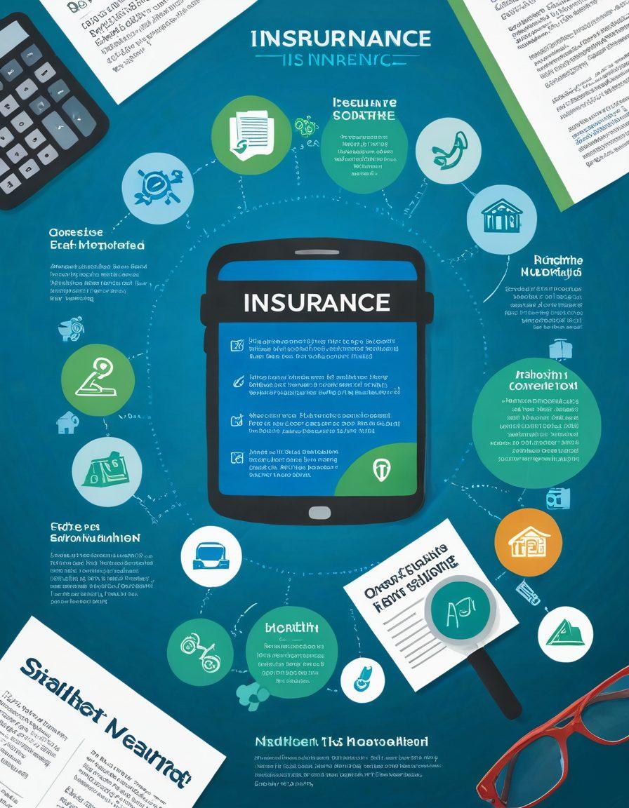 A visually compelling collage depicting various insurance elements: open policy documents, a magnifying glass revealing fine print, colorful icons representing different types of coverage (health, auto, home), and a calculator surrounded by quotes. The background should be a blend of blues and greens, symbolizing trust and stability. The overall style should be modern and informative, capturing the essence of insurance education. vibrant colors. modern infographic style.